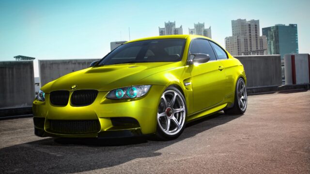 Stunning Lime Green BMW M3 Coupe with Custom Tuning on City Rooftop 4K Wallpaper