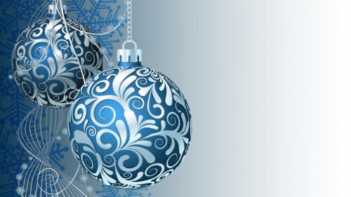 Elegant Blue Christmas Ornaments with Silver Swirl Patterns 4K PC Wallpaper