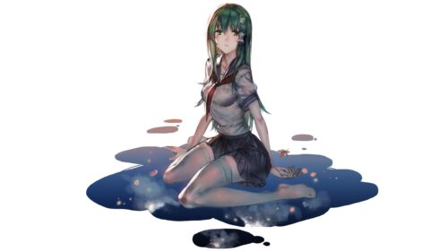 Anime Girl with Long Green Hair in Sailor Uniform Desktop Wallpaper