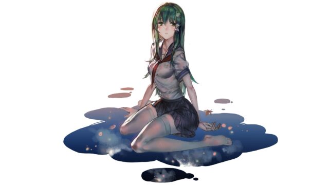 Anime Girl with Long Green Hair in Sailor Uniform Desktop Wallpaper