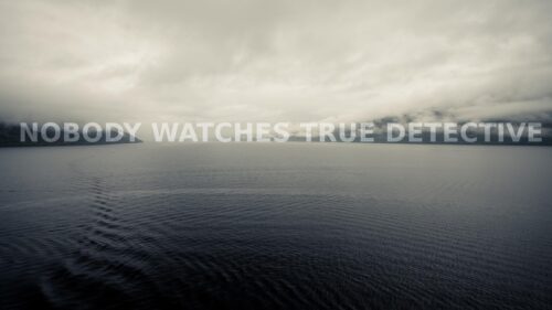 Misty Lake Landscape with True Detective Typography 4K Desktop Wallpaper