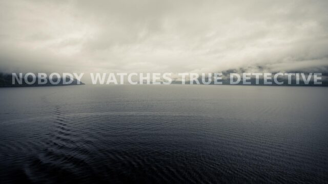 Misty Lake Landscape with True Detective Typography 4K Desktop Wallpaper