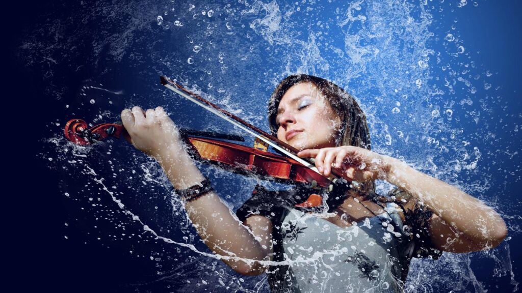 Violinist Playing in a Cascade of Water Artistic Desktop Wallpaper