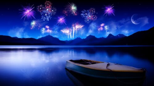 Stunning Fireworks Over Mountain Lake and Wooden Boat 4K Desktop Wallpaper