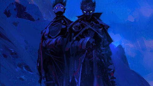 Mysterious Dark Fantasy Warriors in Blue Night Landscape 4K Desktop Wallpaper