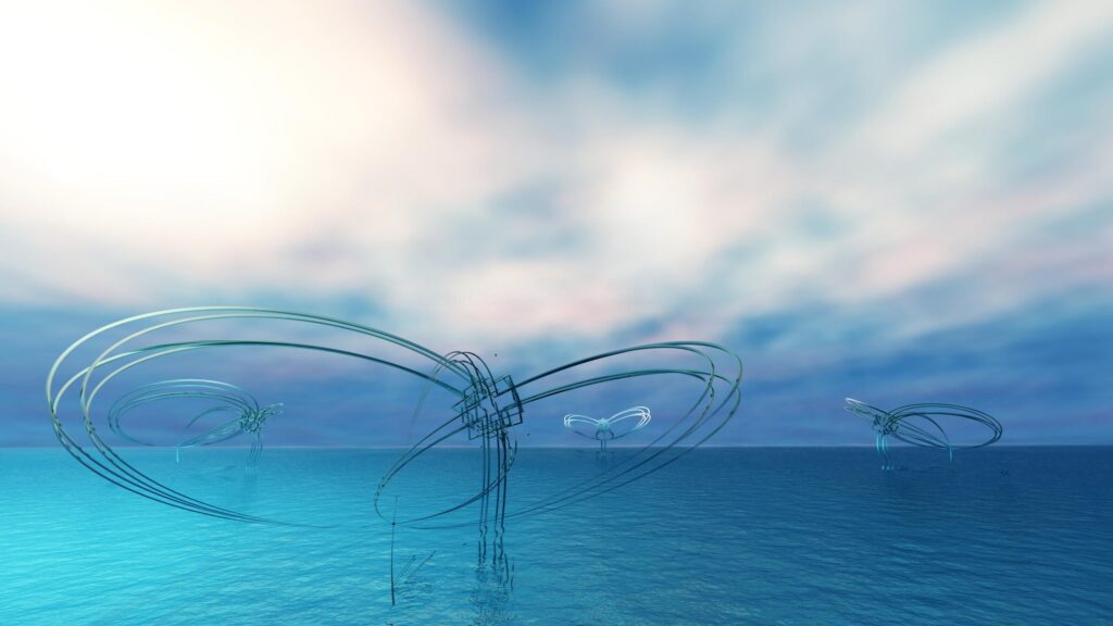 Surreal Geometric Abstract Sculptures over Calm Ocean 4K Desktop Wallpaper