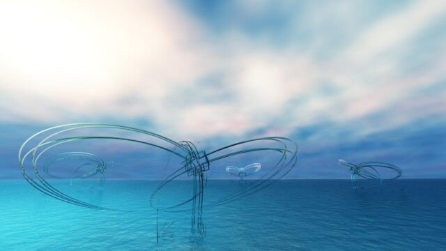 Surreal Geometric Abstract Sculptures over Calm Ocean 4K Desktop Wallpaper