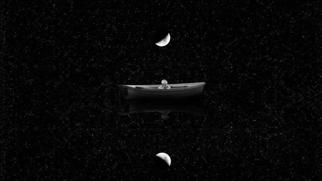 Minimalist Child in a Boat Floating Through Space Desktop Wallpaper