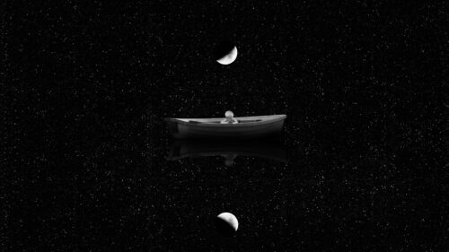Minimalist Child in a Boat Floating Through Space Desktop Wallpaper