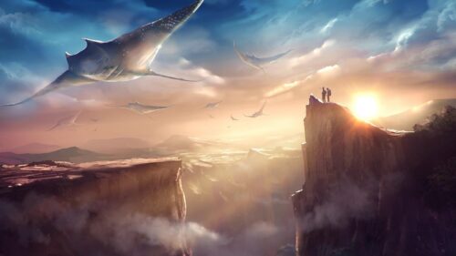 Stunning Fantasy Landscape with Flying Rays over Mountain Peaks 4K Wallpaper