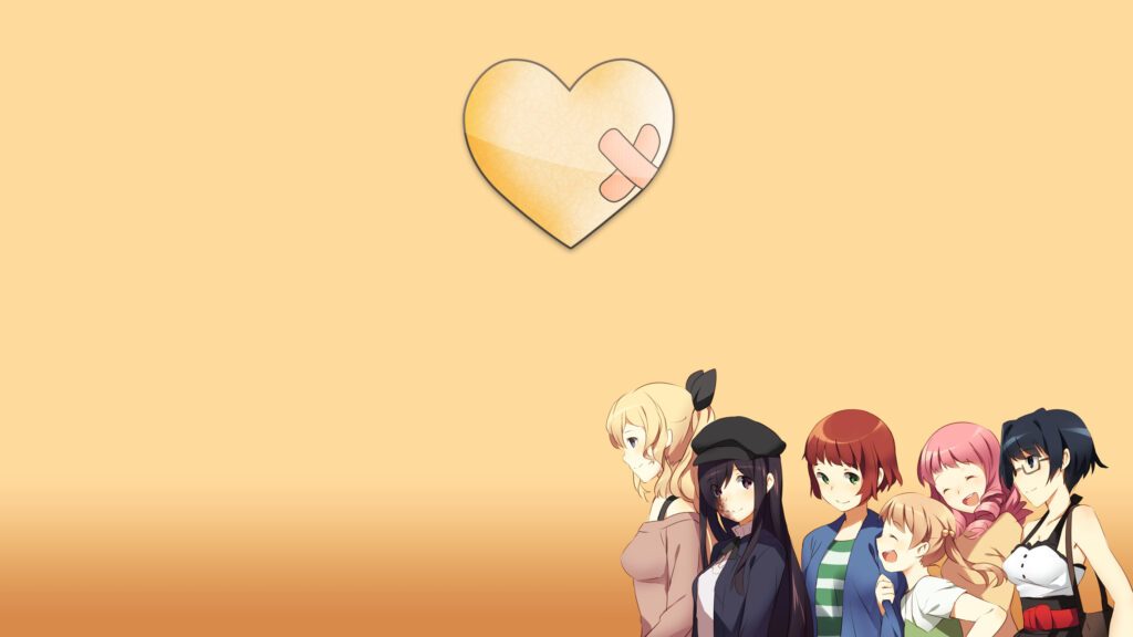 Anime Girls Group with Heart Symbol Minimalist Desktop Wallpaper