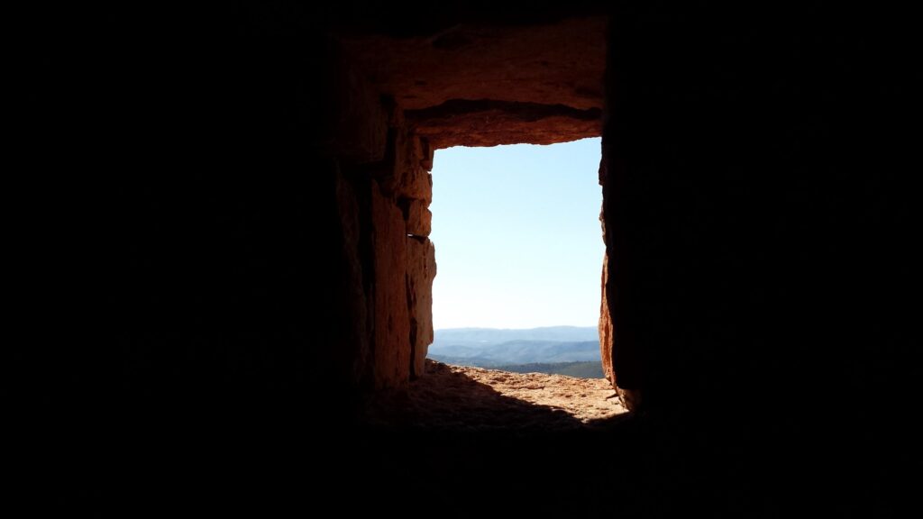 Stone Frame View of Distant Mountains Minimalist Landscape Desktop Wallpaper