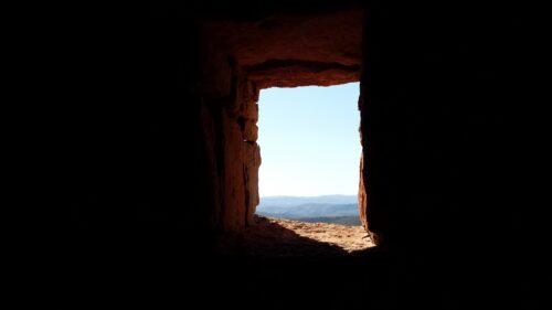 Stone Frame View of Distant Mountains Minimalist Landscape Desktop Wallpaper
