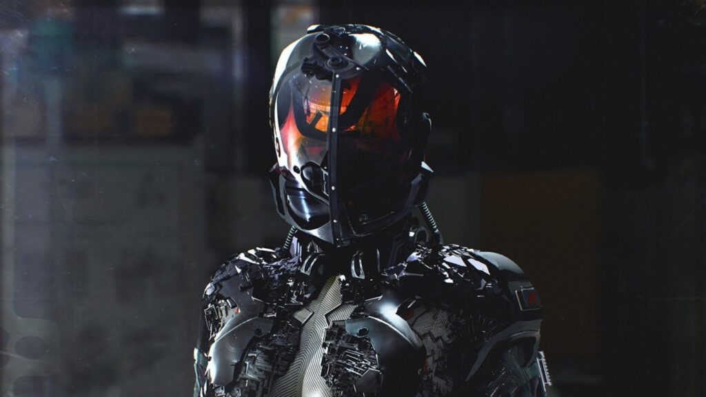 Futuristic Cybernetic Soldier with Glowing Orange Helmet 4K Desktop Wallpaper