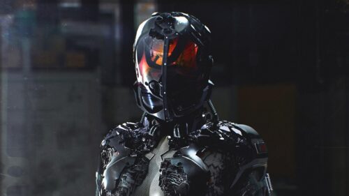 Futuristic Cybernetic Soldier with Glowing Orange Helmet 4K Desktop Wallpaper