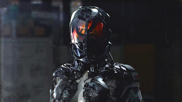 Futuristic Cybernetic Soldier with Glowing Orange Helmet 4K Desktop Wallpaper