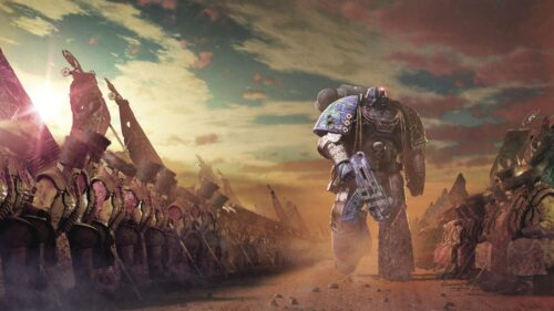 Warhammer 40k Space Marine Walking Past Imperial Guard Regiment 4K Wallpaper