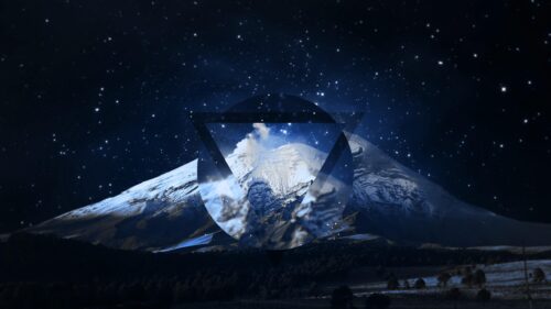 Minimalist Triangle and Circle Geometric Over Volcano Night Landscape PC Wallpaper