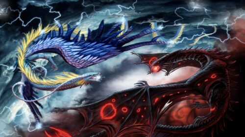 Epic Fantasy Dragon Battle Between Lightning and Fire 4K Desktop Wallpaper