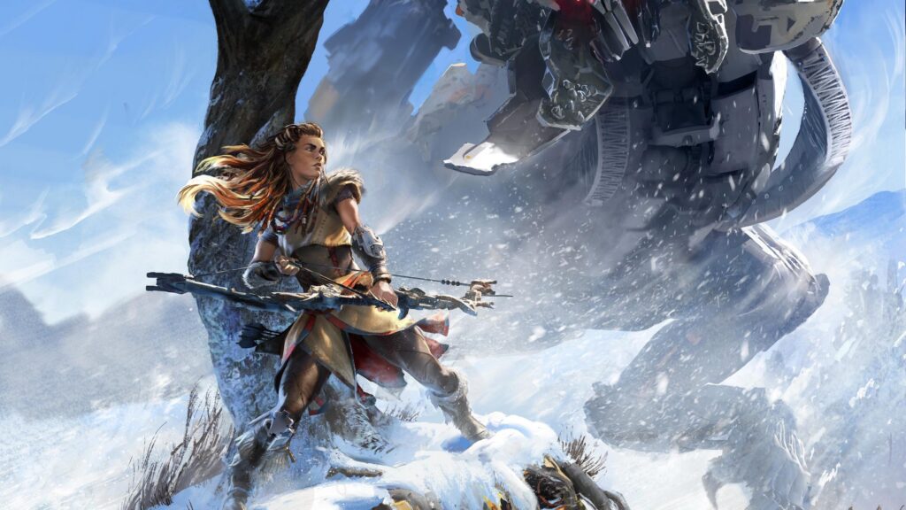 Aloy Facing a Machine in the Snowy Wilds of Horizon Zero Dawn 4K Wallpaper