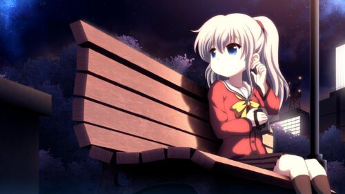 Anime Girl Sitting on a Park Bench at Night 4K Desktop Wallpaper