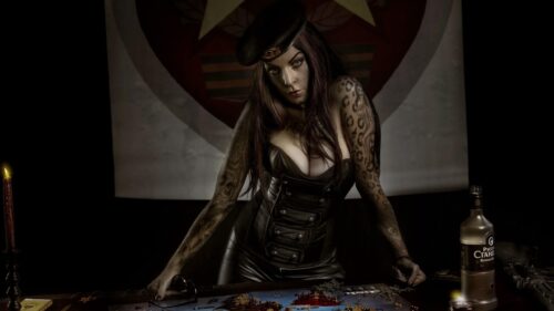 Edgy Tactical Woman in Leather Corset Playing War Strategy Game Desktop Wallpaper
