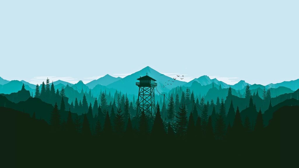 Minimalist Firewatch Forest Lookout Tower Over Mountains Desktop Wallpaper