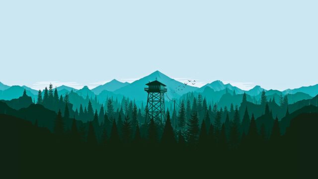 Minimalist Firewatch Forest Lookout Tower Over Mountains Desktop Wallpaper