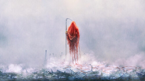 Surreal Dark Grim Reaper in Red Cloak Standing Over Foggy Wasteland 4K Desktop Wallpaper