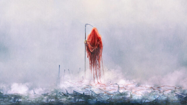 Surreal Dark Grim Reaper in Red Cloak Standing Over Foggy Wasteland 4K Desktop Wallpaper