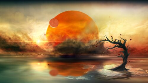 Surreal Alien Landscape with Glowing Orbs and Floating Moons 4K Wallpaper