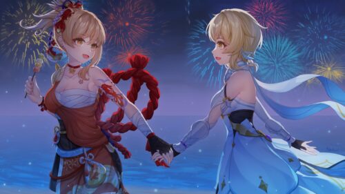Yoimiya and Lumine Holding Hands Under Fireworks Genshin Impact 4K Desktop Wallpaper