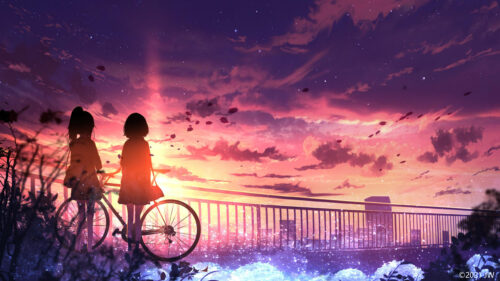 Two Anime Girls with Bicycle at Sunset City Overlook 4K Desktop Wallpaper
