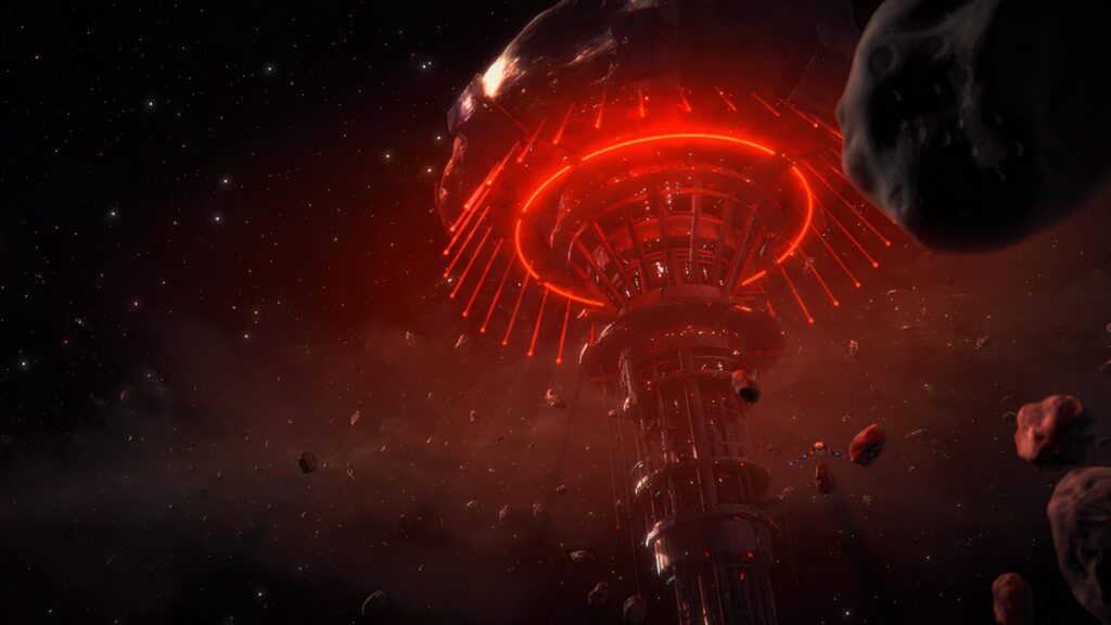 Futuristic Red Space Station Orbiting Asteroid Field 4K Desktop Wallpaper