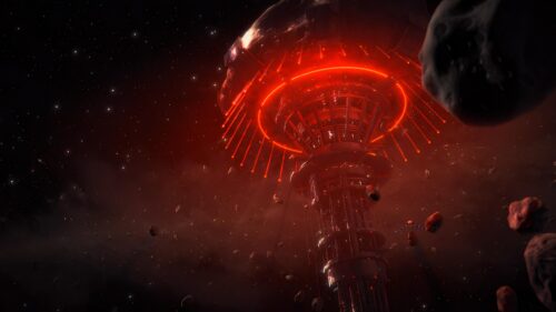 Futuristic Red Space Station Orbiting Asteroid Field 4K Desktop Wallpaper