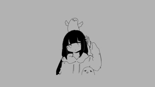 Minimalist Anime Girl with Cute Spirit Creatures Desktop Wallpaper