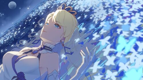 Furina Genshin Impact Floating Amidst Blue Butterflies Desktop Wallpaper
