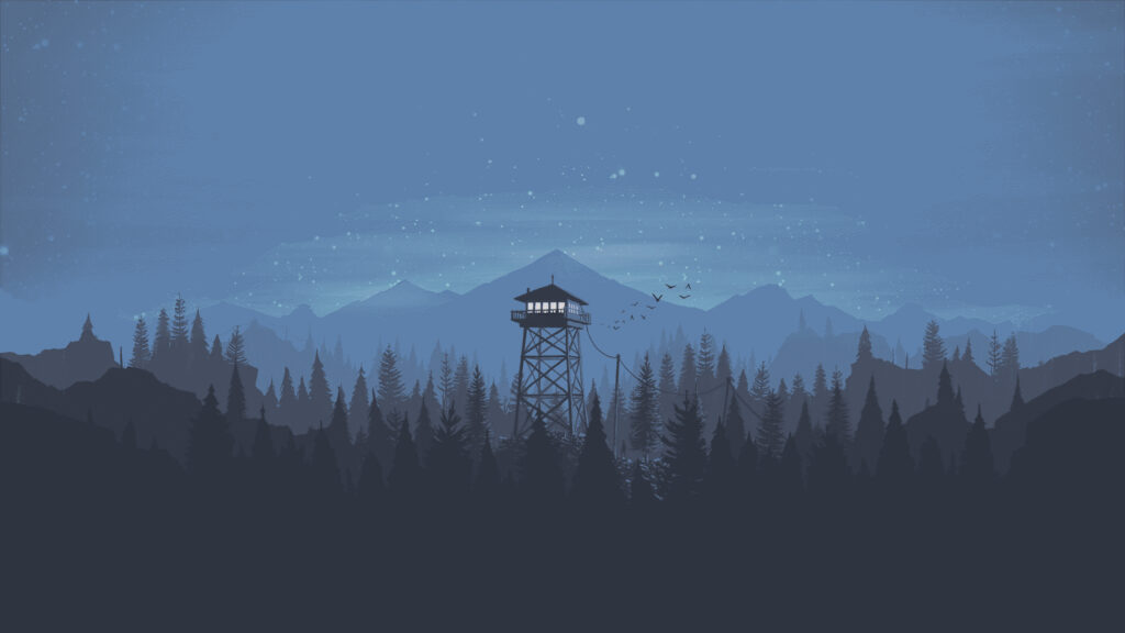 Minimalist Firewatch Forest Lookout Tower at Night 4K Desktop Wallpaper