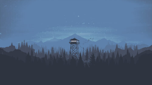 Minimalist Firewatch Forest Lookout Tower at Night 4K Desktop Wallpaper