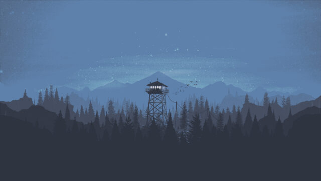 Minimalist Firewatch Forest Lookout Tower at Night 4K Desktop Wallpaper