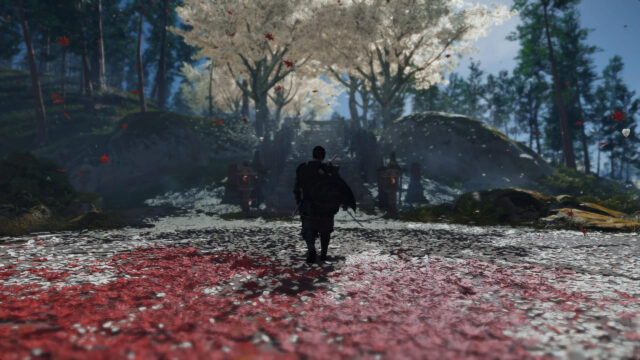 Ghost of Tsushima Samurai Warrior Walking Through Cherry Blossom Forest 4K Wallpaper