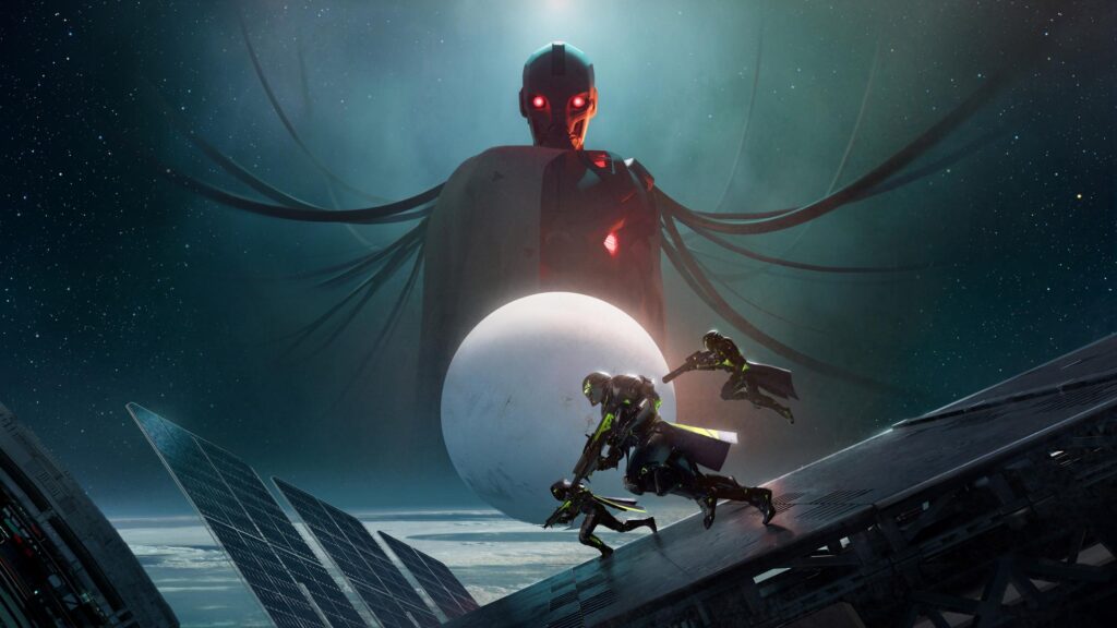 Futuristic Sci-Fi Soldiers Confronting Giant Robot in Space Desktop Wallpaper