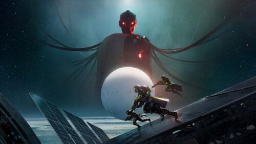 Futuristic Sci-Fi Soldiers Confronting Giant Robot in Space Desktop Wallpaper