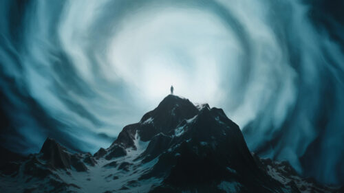 Solitary Figure Standing on a Snowcapped Mountain Peak Under a Swirling Stormy Sky 4K Wallpaper