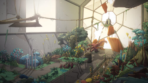 Futuristic Abandoned Greenhouse with Bioluminescent Plants 4K Desktop Wallpaper