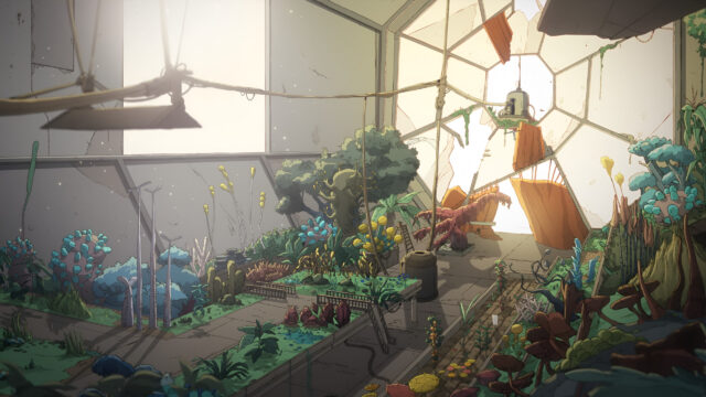 Futuristic Abandoned Greenhouse with Bioluminescent Plants 4K Desktop Wallpaper