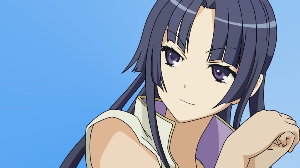 Anime Girl with Long Dark Purple Hair and Purple Eyes Aesthetic Desktop Wallpaper
