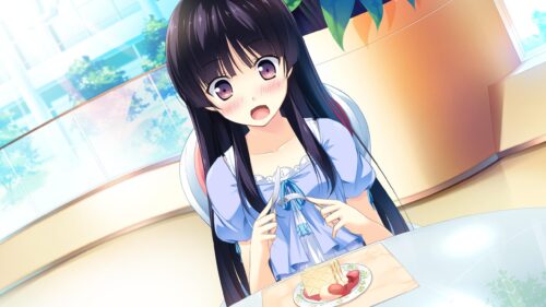 Cute Anime Girl Eating Dessert in a Bright Sunny Cafe Desktop Wallpaper