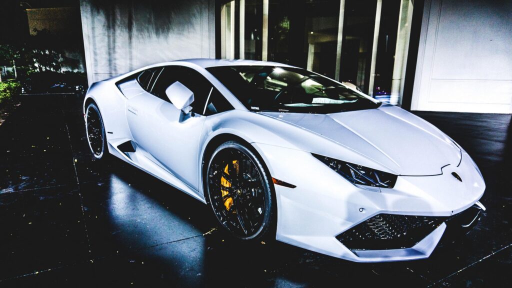 White Lamborghini Huracan Sports Car Parked at Night 4K Desktop Wallpaper