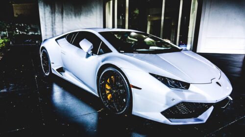 White Lamborghini Huracan Sports Car Parked at Night 4K Desktop Wallpaper